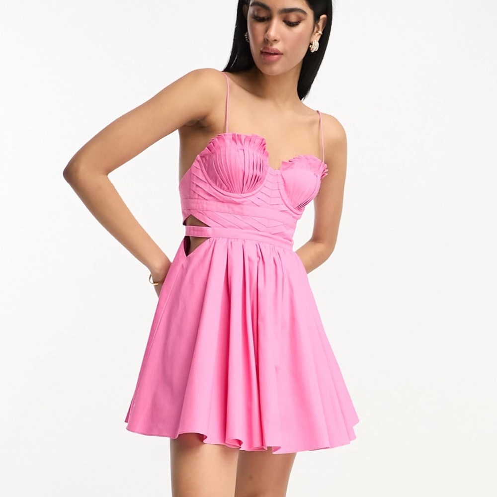 Asos design pink cotton pleat detail corset mini dress with cut out